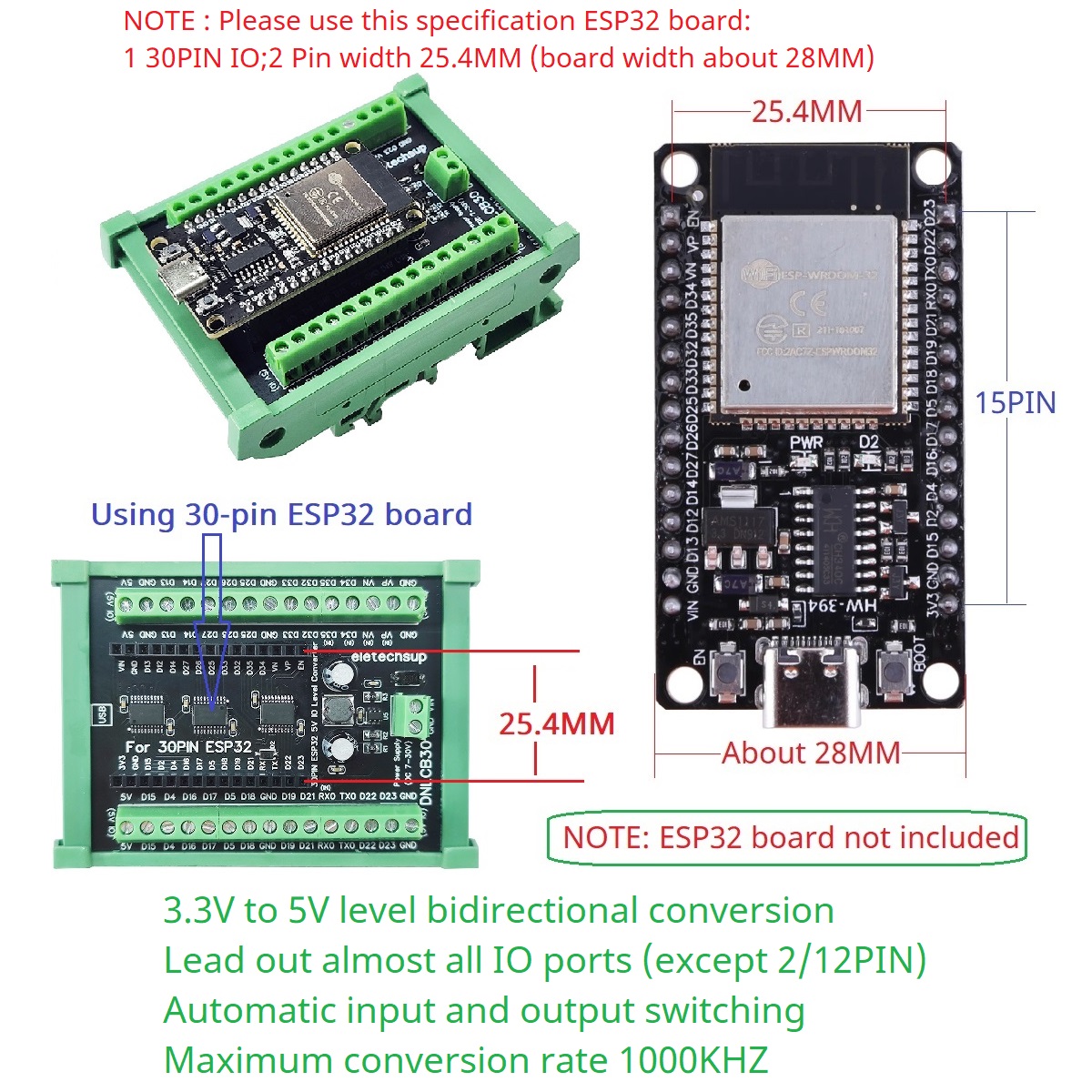 Adapter na szynę DIN ESP32 30P – Level Shifter 3.3V recenzja i cena